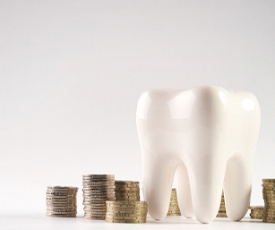 Model of a tooth next to several stacks of coins