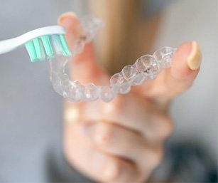 Woman using toothbrush to clean her aligner