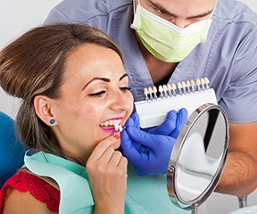 Cosmetic dentist in Sparta helping a patient choose veneers