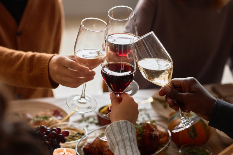 A group of friends enjoying holiday drinks