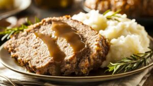 A soft food meal of mashed potatoes and meatloaf