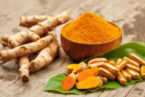 Various forms of turmeric on a table